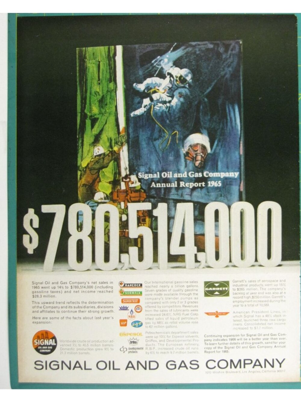 Print Ad Signal Oil Gas Company Annual Report 1965 Space Astronaut Exploration